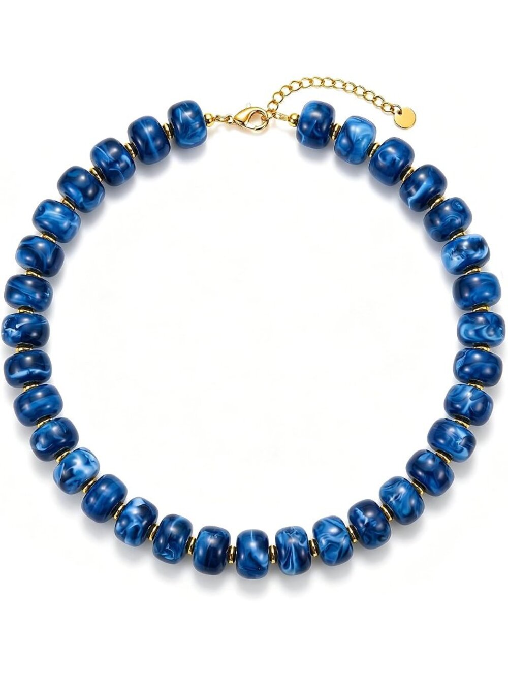 Women's Chunky Navy Blue Beaded Necklace Marbled Resin Drum Bead Choker Jewelry